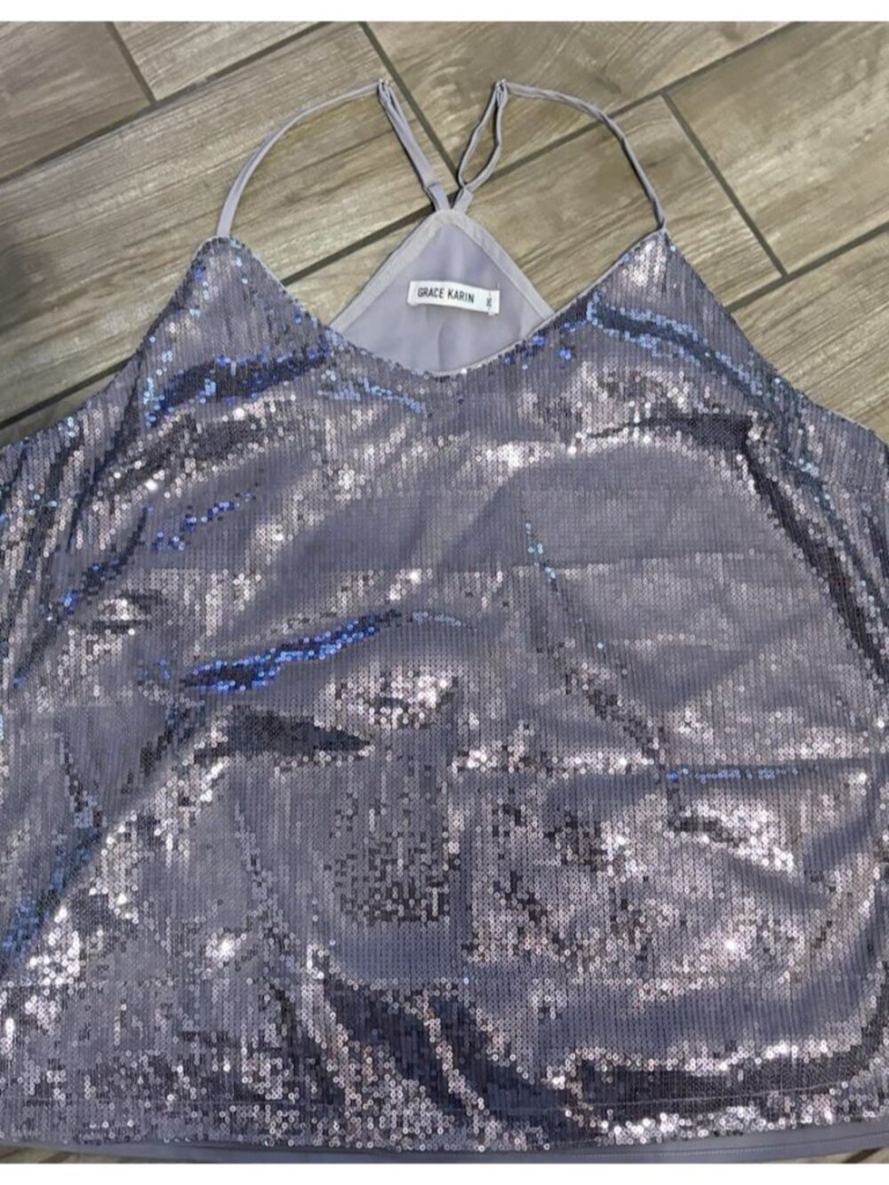 GRACE KARIN Women's 2X Silver Sparkle Shimmer Sequin Camisole Tank Top - V